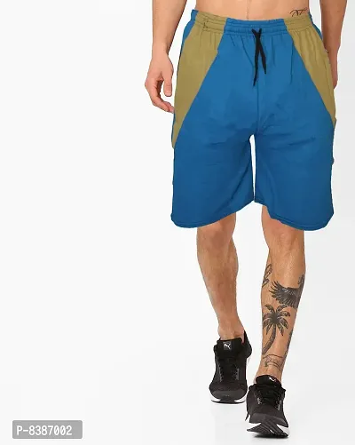 Fabulous Blue Polycotton Colourblocked Regular Shorts For Men
