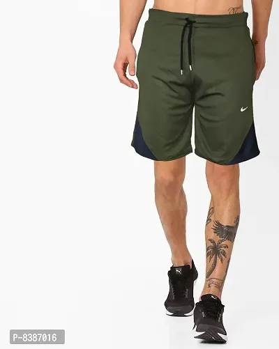 Fabulous Green Lycra Blend Colourblocked Regular Shorts For Men