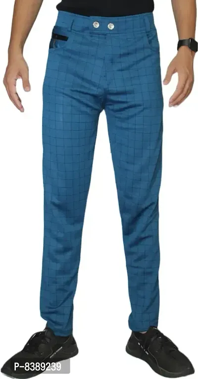 Stylish Royal Blue Lycra Blend Checked Trousers For Men-thumb0