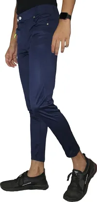 Stylish Navy Blue Lycra Blend Solid Trousers For Men-thumb2