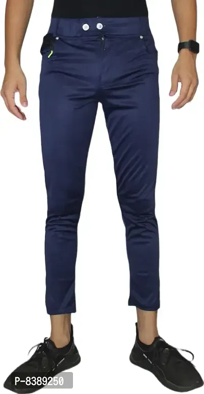 Stylish Navy Blue Lycra Blend Solid Trousers For Men