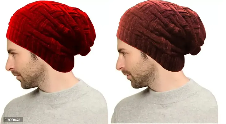 VANTAR Solid Woolen Beanie Cap (Pack of 2) (Red, Brown)