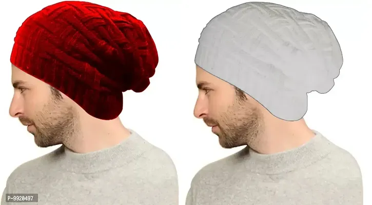 Solid Woolen Beanie Cap (Pack of 2) (Red, Light Grey)