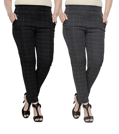 GlobyCraft Pack of 2 Stretchable Check Pant/Formal Trouser/Jegging for Women & Girls (Size: 28,30,32,34 & 36)