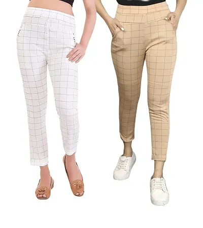 GlobyCraft Pack of 2 Stretchable Check Pant/Formal Trouser/Jegging for Women & Girls (Size: 28,30,32,34 & 36)