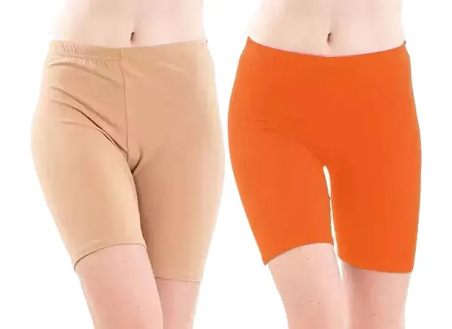 YEZI Shorts for Women | Girls | Ladies - Combo Pack of 2 Stretchable Shorts for Women for Gym, Yoga, Cycling and Sports Activities (Orange, Beige)