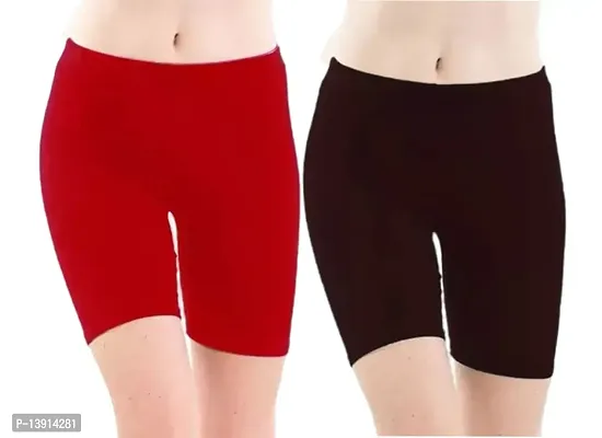 GlobyCraft Combo Pack of 2 Cotton Lycra Shorts/Cycling Shorts/Gym Shorts for Women  Girls (Size: 32) Red, Dark Brown