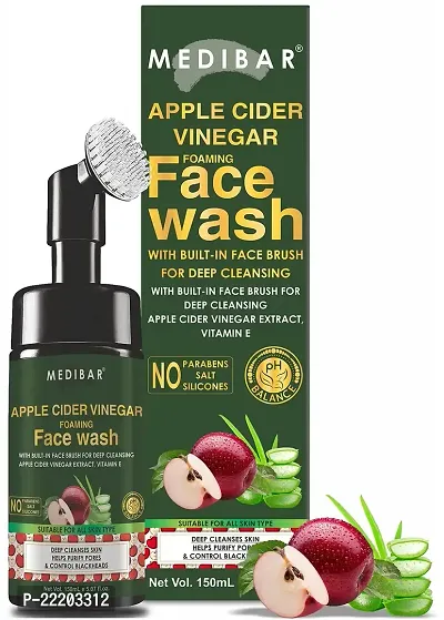 MEDIBAR? Apple Cider Vinegar Foaming Face Wash With Built-In Face Brush To Exfoliate  Deep Cleanse. With Aloe Vera  Basil For Clear, Moisturized Skin. Vegetarian, Paraben Free, 150 ml