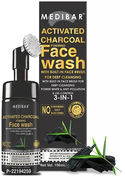 MEDIBAR? Brightening Charcoal with Built-In Face Brush for deep cleansing - No Parabens, Silicones, Salt - 150 ml Face Wash-thumb0