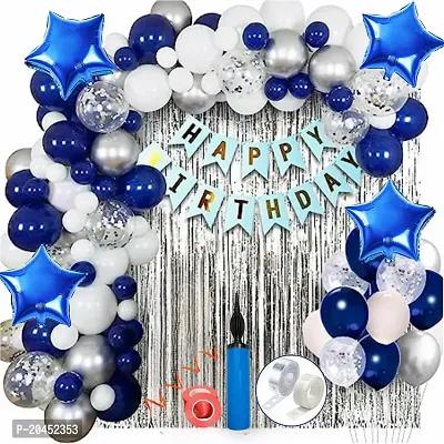 Amazing Happy Birthday Decoration Items - set of 67pcs. | Silver, White, Blue Balloon Decoration For Birthday | Happy Birthday Decoration For Boys, Husband | Dark Blue Metallic, Blue Confetti-thumb0