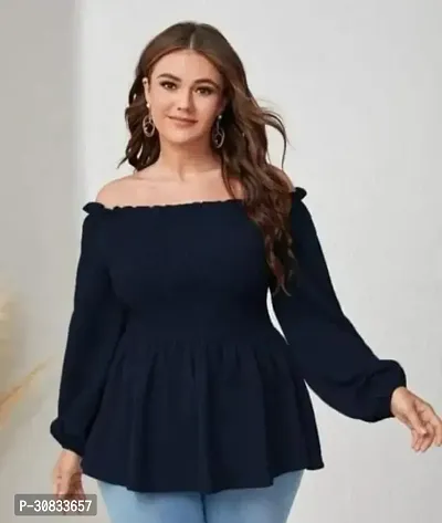 Elegant Navy Blue Crepe Solid Top For Women