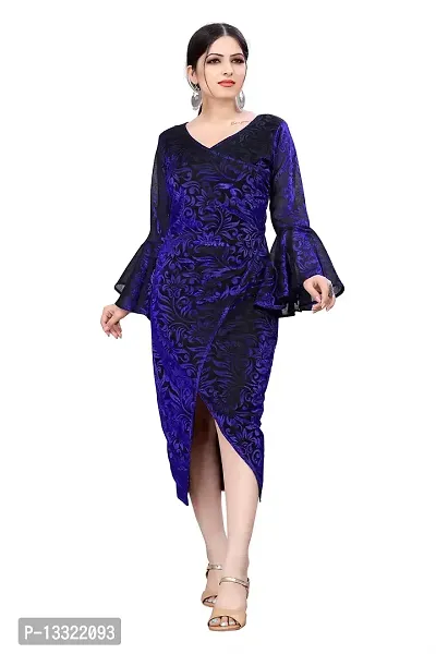 Myntra Women's New Fancy Trendy Delta V-Neck Full Sleeve Western Dress (Blue) Size:-Small