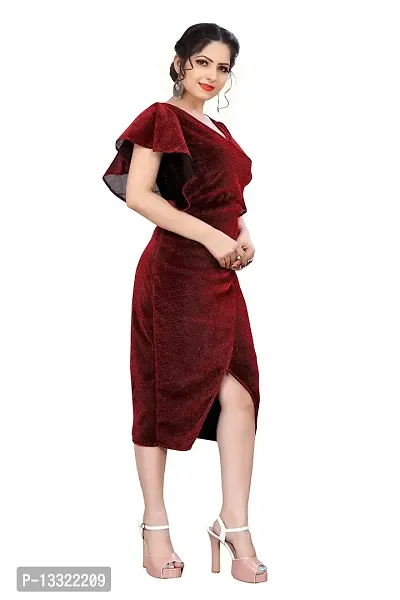 Myntra Women's New Fancy Trendy Korian V-Neck Cap Sleeve Western Dress (Red) Size:-Large-thumb2