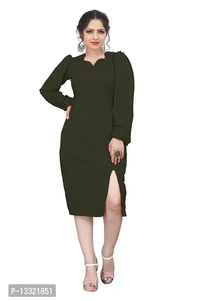 Myntra Women's New Fancy Trendy Lycra V-Neck Full Sleeve Western Dress (Green) Size:-X-Large-thumb0