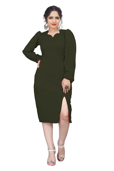 Myntra Women's New Fancy Trendy Lycra V-Neck Full Sleeve Western Dress