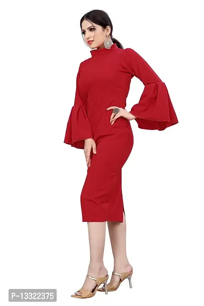 Myntra Women's New Fancy Trendy Lycra Mandarin Collar 3/4 Sleeve Western Dress (Red) Size:-X-Large-thumb2