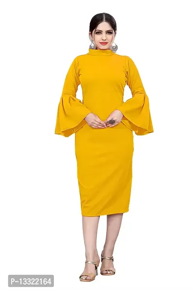 Myntra Women's New Fancy Trendy Lycra Mandarin Collar 3/4 Sleeve Western Dress (Yellow) Size:-Medium