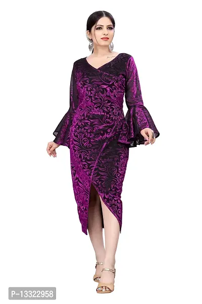Myntra Women's New Fancy Trendy Delta V-Neck Full Sleeve Western Dress (Purple) Size:-Medium