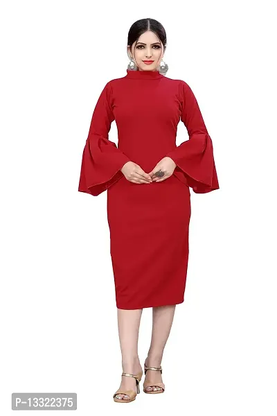 Myntra Women's New Fancy Trendy Lycra Mandarin Collar 3/4 Sleeve Western Dress (Red) Size:-X-Large