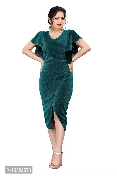 Myntra Women's New Fancy Trendy Korian V-Neck Cap Sleeve Western Dress (Green) Size:-Small