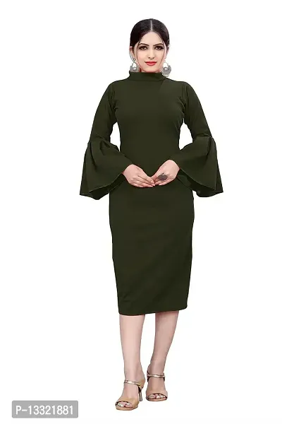 Myntra Women's New Fancy Trendy Lycra Mandarin Collar 3/4 Sleeve Western Dress (Green) Size:-Medium-thumb0