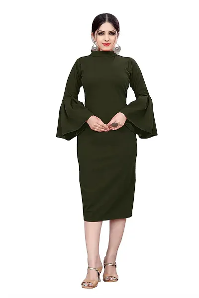 Myntra Women's New Fancy Trendy Lycra Mandarin Collar 3/4 Sleeve Western Dress