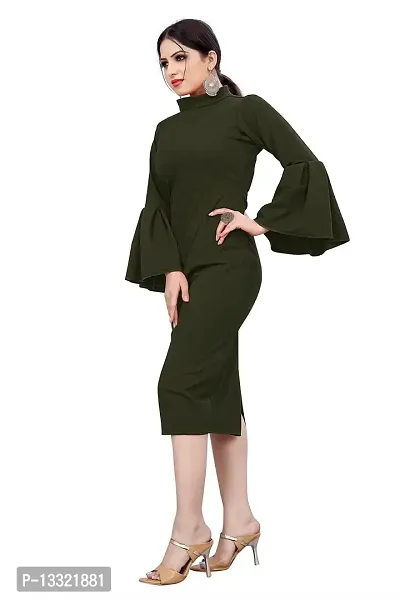 Myntra Women's New Fancy Trendy Lycra Mandarin Collar 3/4 Sleeve Western Dress (Green) Size:-Medium-thumb2