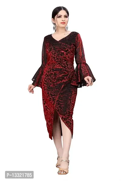 Myntra Women's New Fancy Trendy Delta V-Neck Full Sleeve Western Dress (Red) Size:-X-Large