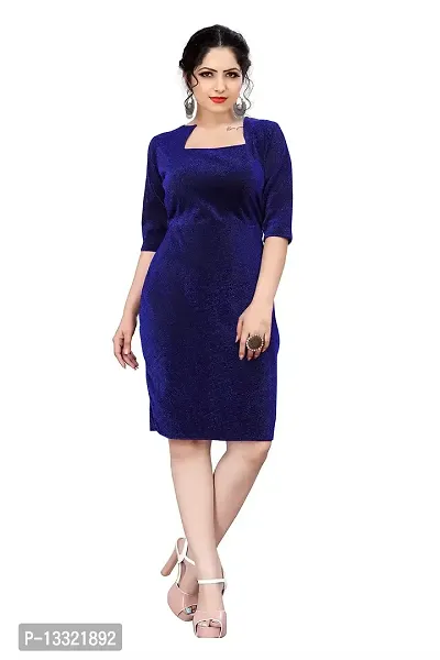 Myntra Women's New Fancy Trendy Korian Round Neck Half Sleeve Western Dress (Blue) Size:-Large