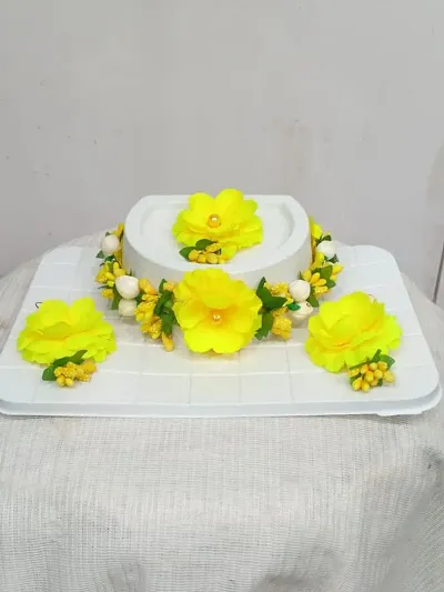 Adorable Fabric Pearl Artificial Flower Haldi Bridal Choker Jewellery Set