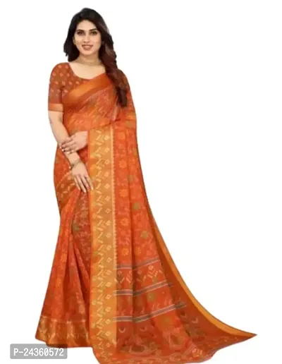 VEEKEEDA Women's Brasso 5.5 Meter Saree with 0.8 Meter Unstitched Blouse Piece (Orange)-thumb0