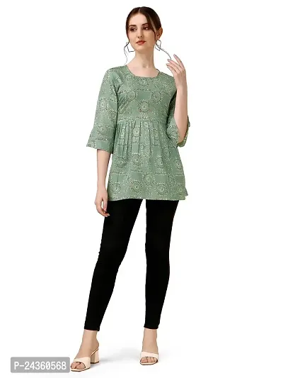 VEEKEEDA Women's Chanderi Print Printed Crew Neck 3/4 Sleeve Knee Length Lightweight A-Line Kurti-thumb4