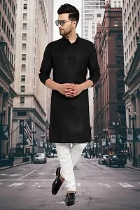 VEEKEEDA Men's Cotton Blend Solid Straight Knee Length Kurta Stylish Latest Knee Length-thumb1