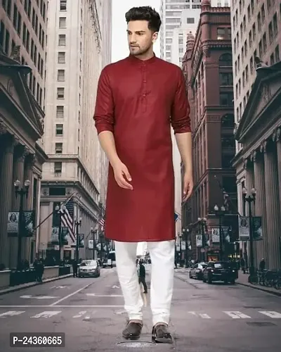 VEEKEEDA Men's Cotton Blend Solid Straight Knee Length Kurta Stylish Latest Knee Length-thumb2