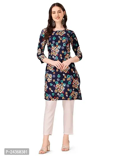 VEEKEEDA Women's Regular Printed Straight Crepe Stitched Kurti-thumb0