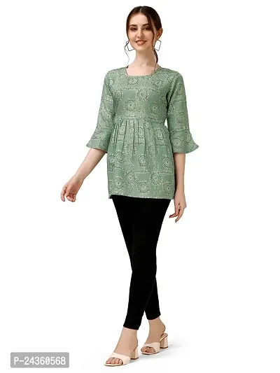 VEEKEEDA Women's Chanderi Print Printed Crew Neck 3/4 Sleeve Knee Length Lightweight A-Line Kurti-thumb0