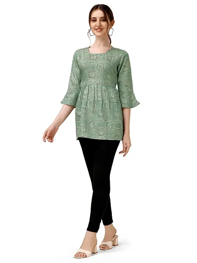 VEEKEEDA Women's Chanderi Print Crew Neck 3/4 Sleeve Knee Length Lightweight A-Line Kurti