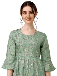 VEEKEEDA Women's Chanderi Print Printed Crew Neck 3/4 Sleeve Knee Length Lightweight A-Line Kurti-thumb2