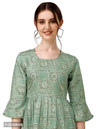 VEEKEEDA Women's Chanderi Print Printed Crew Neck 3/4 Sleeve Knee Length Lightweight A-Line Kurti-thumb3