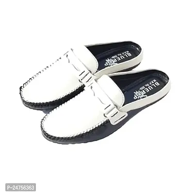BLUE POP Men's Loafer Genuine-Leather-Men-s-Flats-Loafers-Slip-on-Scuffs-Patchwork-Soft-Buckle-Summer Moccasin, Stylish Loafer, Loafer, Flat Loafer, Casual Loafer. (Plain-White, Numeric_7)-thumb0