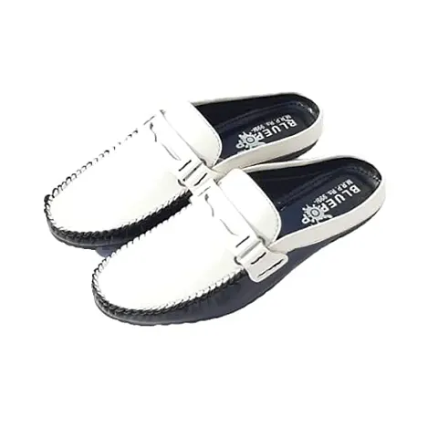 BLUE POP Men's Loafer Genuine-Leather-Men-s-Flats-Loafers-Slip-on-Scuffs-Patchwork-Soft-Buckle-Summer Moccasin, Stylish Loafer, Loafer, Flat Loafer, Casual Loafer. (Plain-White, Numeric_7)