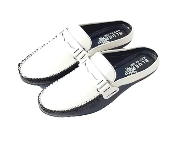 BLUE POP Men's Loafer Genuine-Leather-Men-s-Flats-Loafers-Slip-on-Scuffs-Patchwork-Soft-Buckle-Summer Moccasin, Stylish Loafer, Loafer, Flat Loafer, Casual Loafer. (Plain-White, Numeric_9)