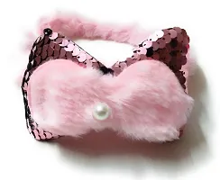 Mom's Darling Hair Accessories, Sequins + Furr Double Bow attached onto the Furry Hairband Headband for Baby Girl/Girls/Women. Pack of 1 piece. Color- BABY PINK, Multicolor (Model: MD Sequins D.Bow furr HAIR BAND 2)-thumb1