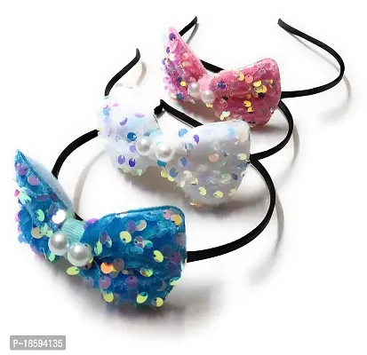 Mom's Darling Hair Accessories, Furry Bow with Sequins Attached to Plastic Hairband Headband for Baby Girl/Girls/Women. Pack of 3 piece. Color-BABY PINK-WHITE-BLUE
