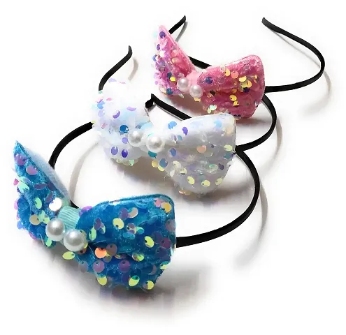 Mom's Darling Hair Accessories, Furry Bow with Sequins Attached to Plastic Hairband Headband for Baby Girl/Girls/Women. Pack of 3 piece. Color-BABY PINK-WHITE-BLUE