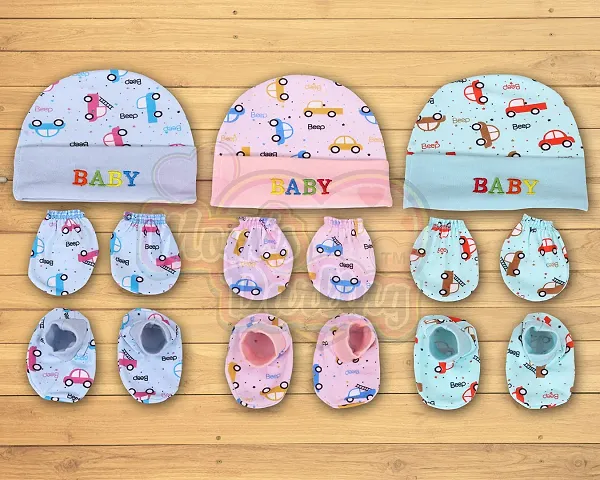 Mom's Darling Newborn Baby Cotton Cap, Mitten and Booties Combo Set | Infant Cap Set | Mittens Set | Bootie Set | Kids Gloves & Socks Set | Baby Gift Set | 0-12 Months | Pack of 3 Sets | Multicolor.