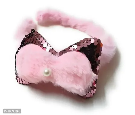 Mom's Darling Hair Accessories, Sequins + Furr Double Bow attached onto the Furry Hairband Headband for Baby Girl/Girls/Women. Pack of 1 piece. Color- BABY PINK, Multicolor (Model: MD Sequins D.Bow furr HAIR BAND 2)-thumb0