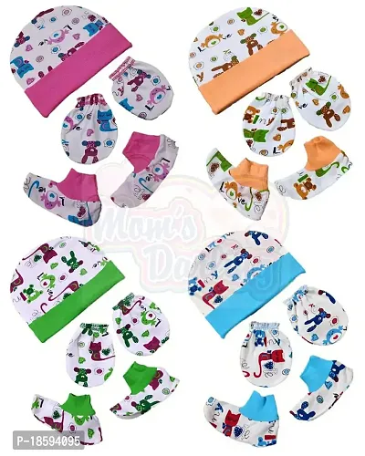 Mom's Darling Newborn Baby Cotton Mitten Sets with Cap and Booties/Cap Set/Gloves Set/Socks Set/Newborn Mitten Set/Newborn Bootie Set. (Combo of Cap-Mitten-Booties(pack of 4)-MULTICOLOR)