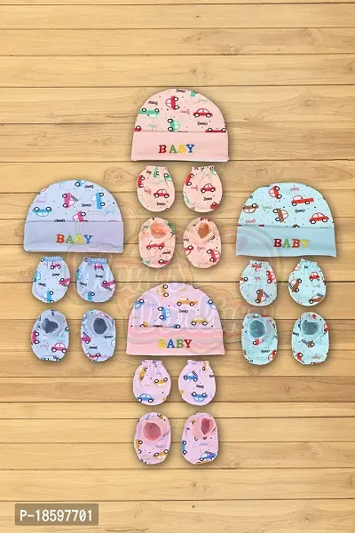 Mom's Darling Newborn Baby Cotton Cap, Mitten and Booties Combo Set | Infant Cap Set | Mittens Set | Bootie Set | Kids Gloves  Socks Set | Baby Gift Set | 0-12 Months | Pack of 4 Sets | Multicolor.-thumb0