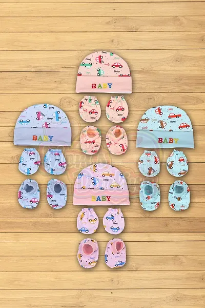 Mom's Darling Newborn Baby Cotton Cap, Mitten and Booties Combo Set | Infant Cap Set | Mittens Set | Bootie Set | Kids Gloves & Socks Set | Baby Gift Set | 0-12 Months | Pack of 4 Sets | Multicolor.